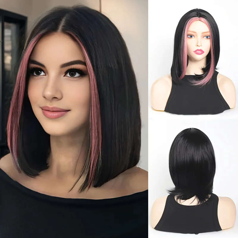 

Short Straight Highlights Wig for Women, Mixed Pink Highlights Shoulder Length Synthetic Highlight Heat Resistant Daily Bob Wigs
