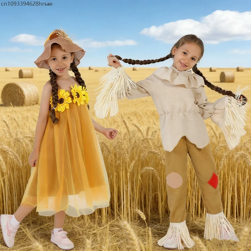 

enfant Scarecrow Stage Performance Costume Mädchen Carnival Puppet Show Dress Farmer Dress Up School Party Roles Play Outfits