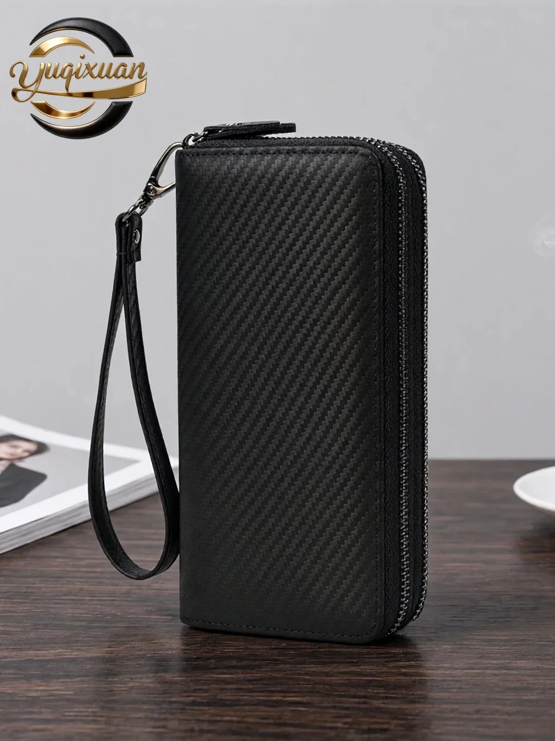 yuqixuan-men's-long-wallet-top-layer-cowhide-double-zipper-genuine-leather-purse-business-wallet-pure-color-youth-fashion