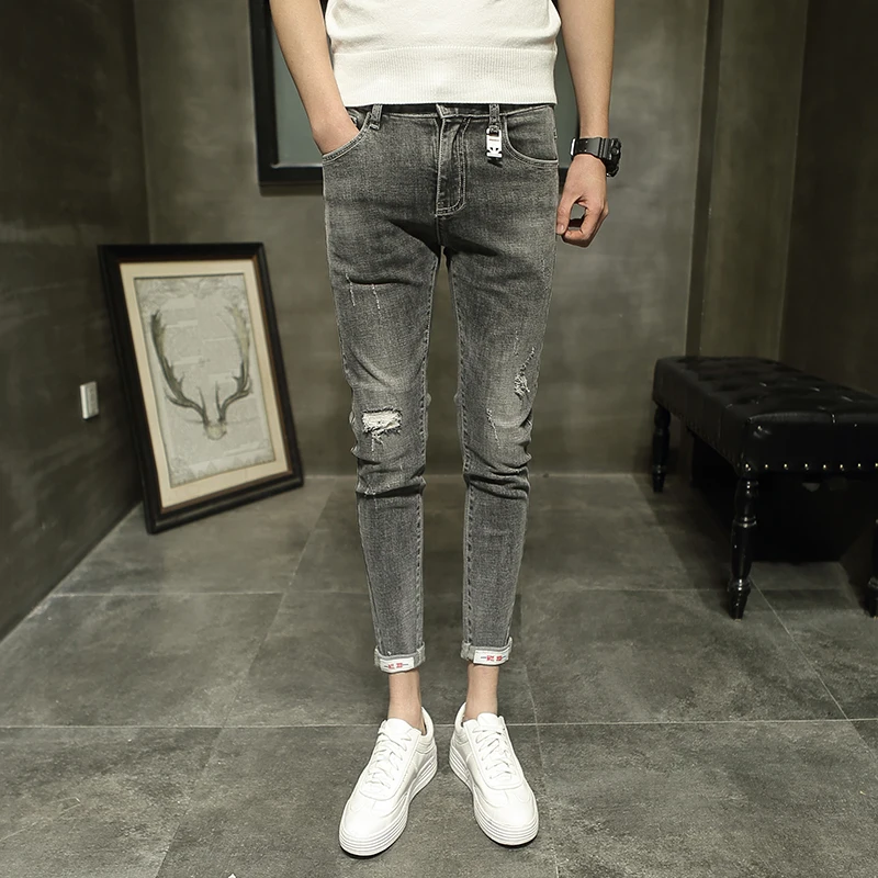 

Мужские джинсы Slim Fit, 26-27 дюймов, маленький размер, в корейском стиле, из эластичного хлопка, с эффектом потертости, повседневные, с низкой посадкой, укороченные (9/10)