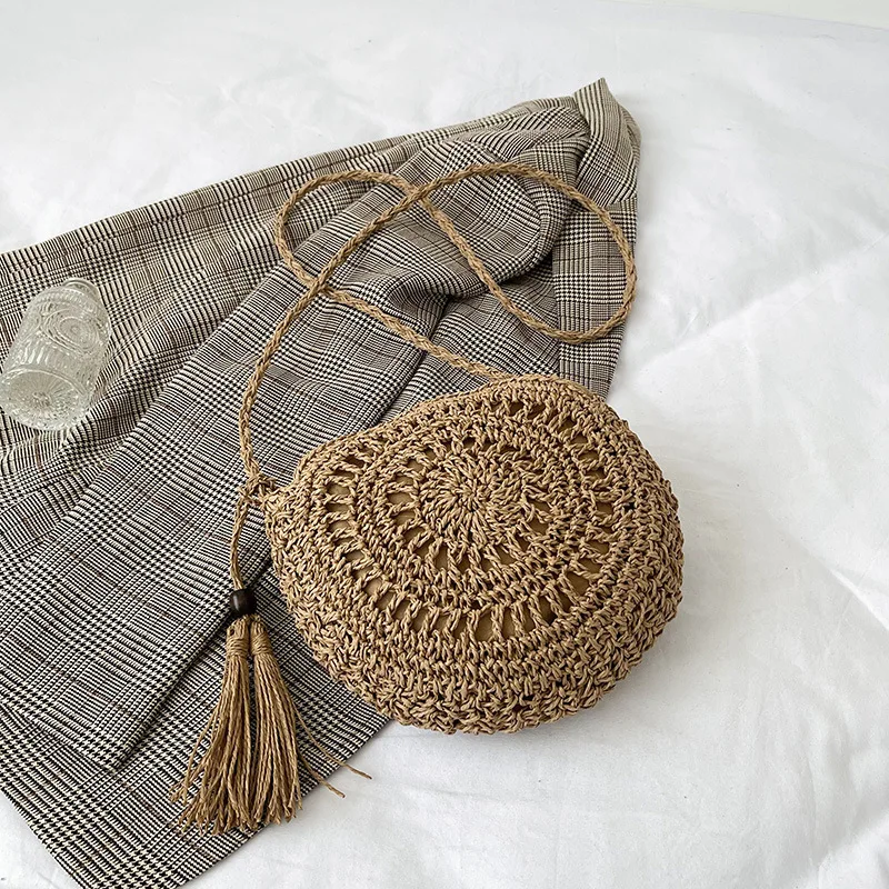 Rattan gewebte Frauen Stroh Umhängetasche kleine Clutch Geldbörse und Handtasche Sommer Strand tasche Frau Quaste Schulter Umhängetasche – Detail 16