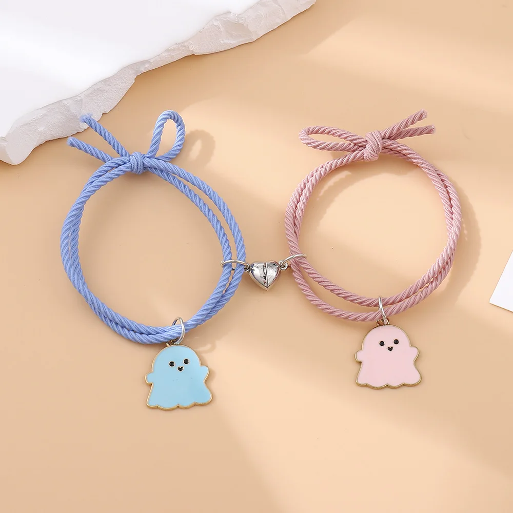 2Pcs/Set Ghost Braided Bracelet for Women Men Romantic Heart Magnetic Distance Couple Bracelet Friendship Halloween Jewelry Gift