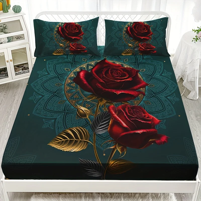 3D Gothic Rose Fitted Sheet Set Soft Comfortable Breathable Bedding Mattress Protector Set For Bedroom Guest Room