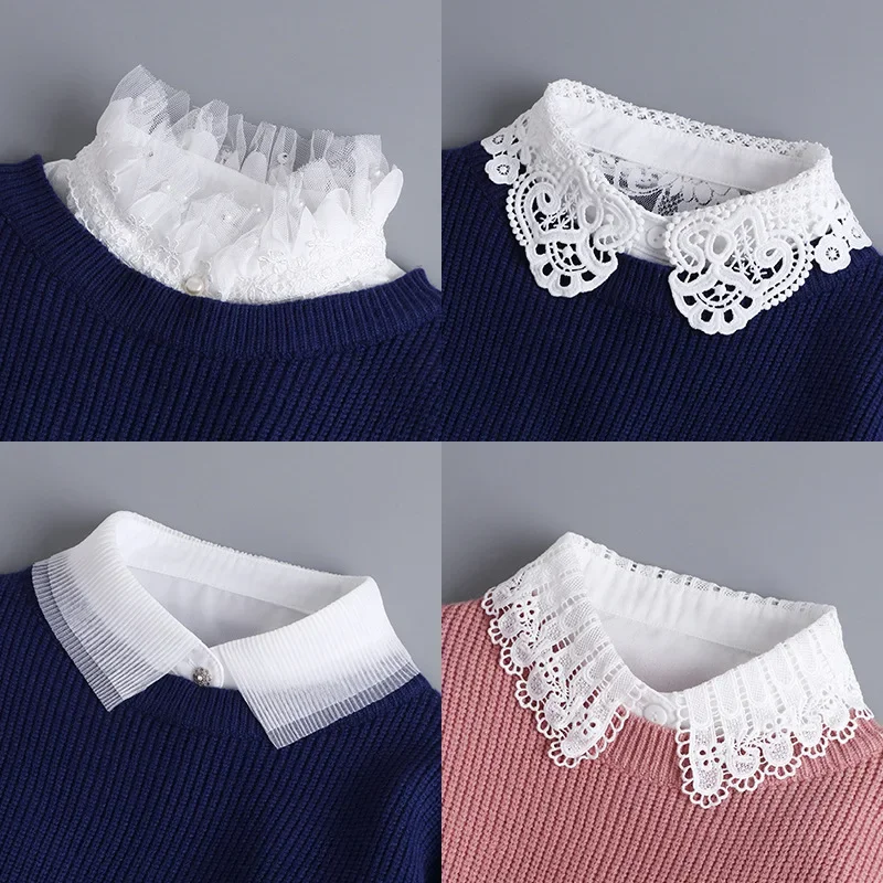 Hollow Lace Chiffon Doll Cotton Fake Collar Blouse Sweater Detachable Shirt Collar False Collar Lapel Women Top Collars Decor