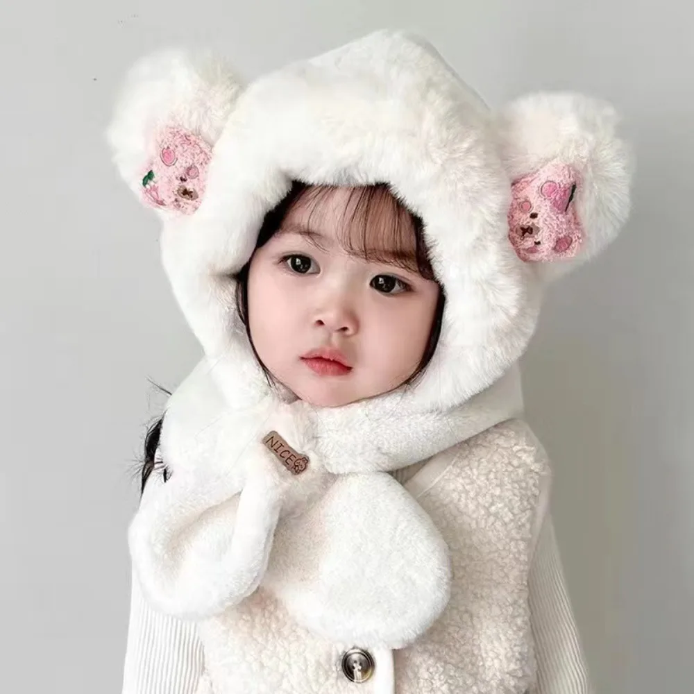 

Fashion Cartoon Bear Ear Winter Hat Scarf Thick Warm Hooded Scarf Neck Protection Windproof One-Piece Beanies Cap
