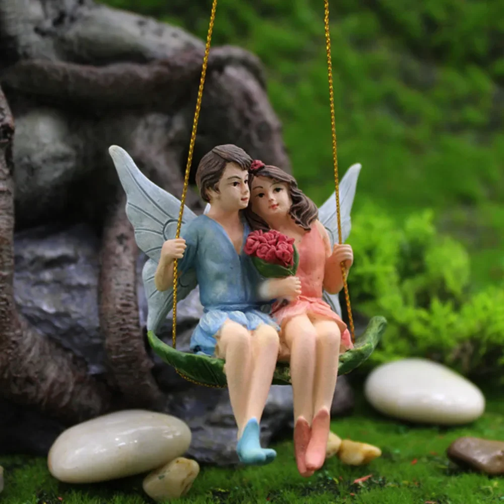 2024 New Romantic Couple Figurines Swing Flower Miniature Fairy Garden Micro Landscape Resin Art Craft House Scene Decoration