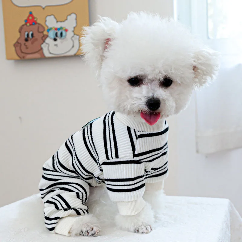 Cat Dog Pajamas Jumpsuit White Black Stripped 4-Legs Hoodies Pet Dog Clothes For Small Dogs Dachshund Puppy Onesie Pijamas PJS#L