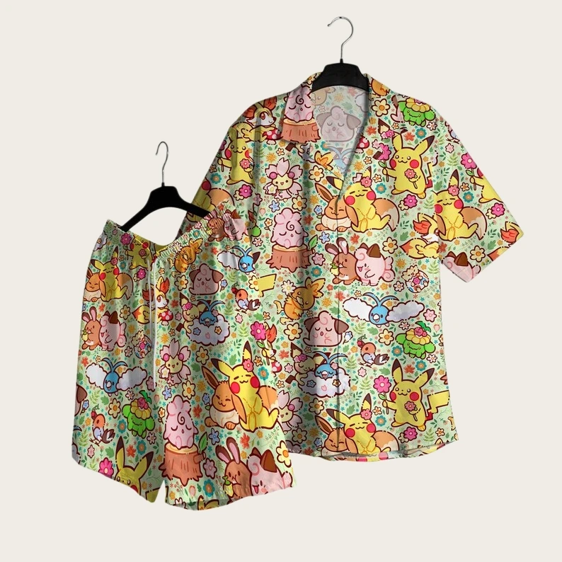 

2026 Fashion New Pikachu Eevee Hawaiian Shirt Shorts Set Men Casual Loose Style Anime Pajama T-shirt and Shorts Two Piece Set