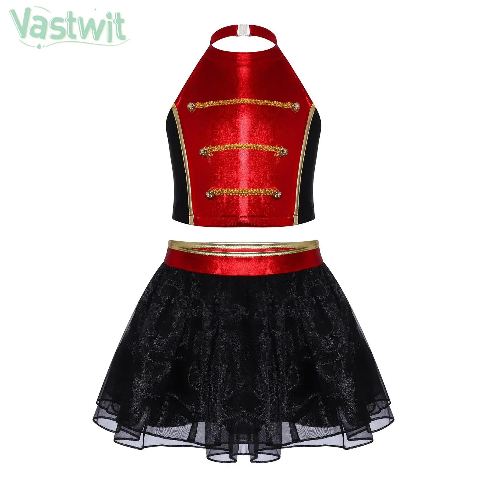 Teen Girls Circus Ringmaster Costume Halloween Carnival Magic Showman Cosplay Outfit Jazz Dance Crop Top with Mesh Leotard Skirt