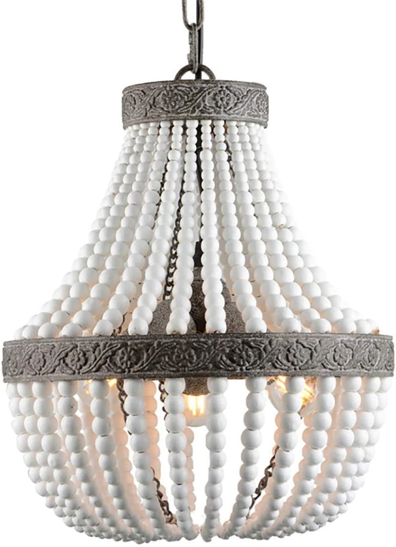 3-Light Bohemia Wood Beaded Chandelier Antique Rustic Pendant Light White Finishing for Bedroom, Kitchen Island, Girl Room