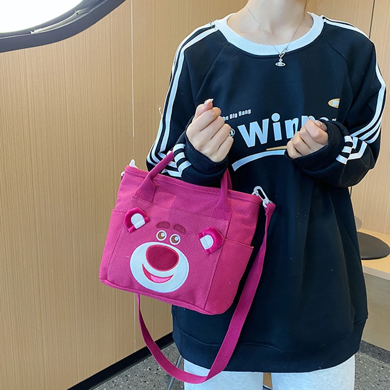 MINISO Cartoon Fashion Strawberry Bear Canvas Bag Large Capacity Shoulder Bag Crossbody Bag Bento Bag Student Handbag