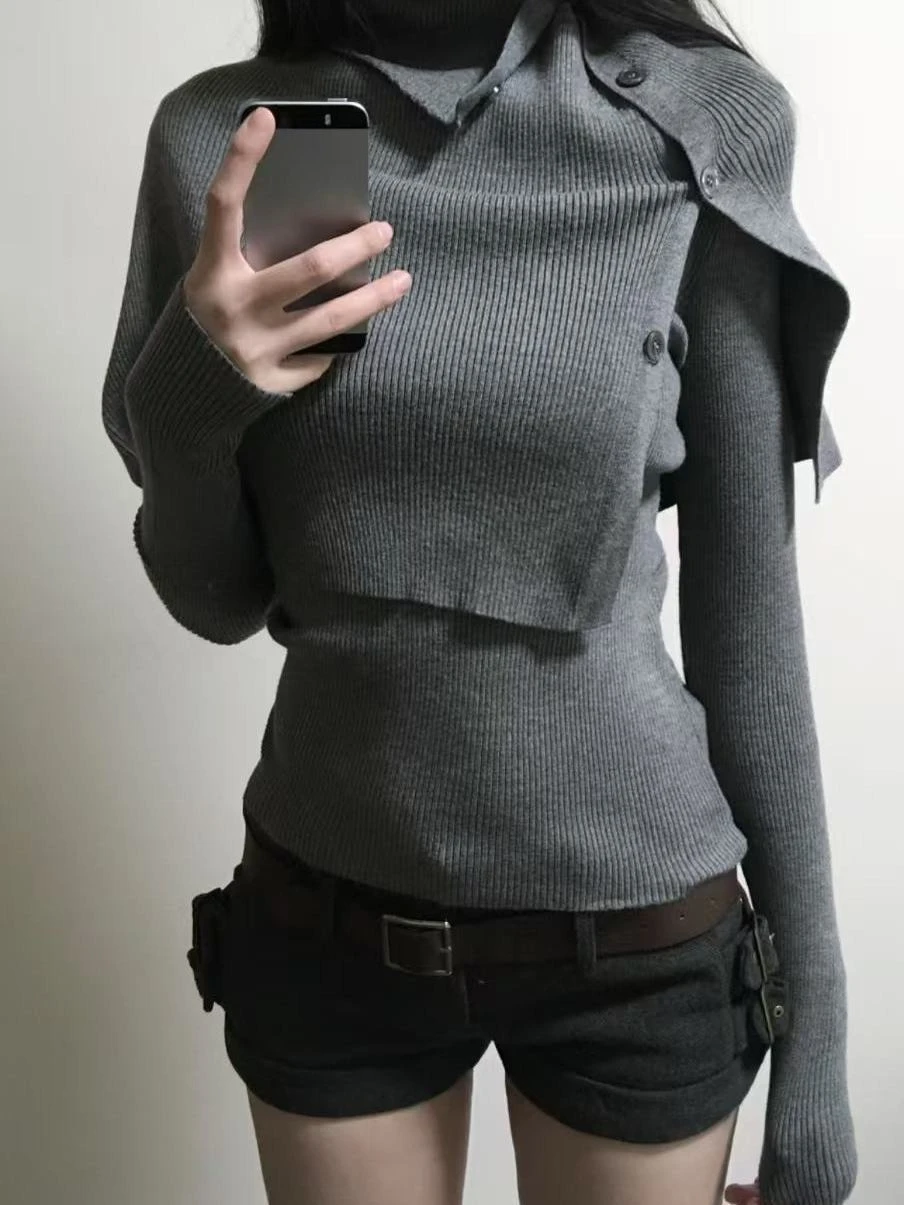 Maglione subcultura vintage casual da donna dolcevita a maniche lunghe pullover lavorato a maglia + scialle set da due pezzi Y2K abbigliamento Antumn