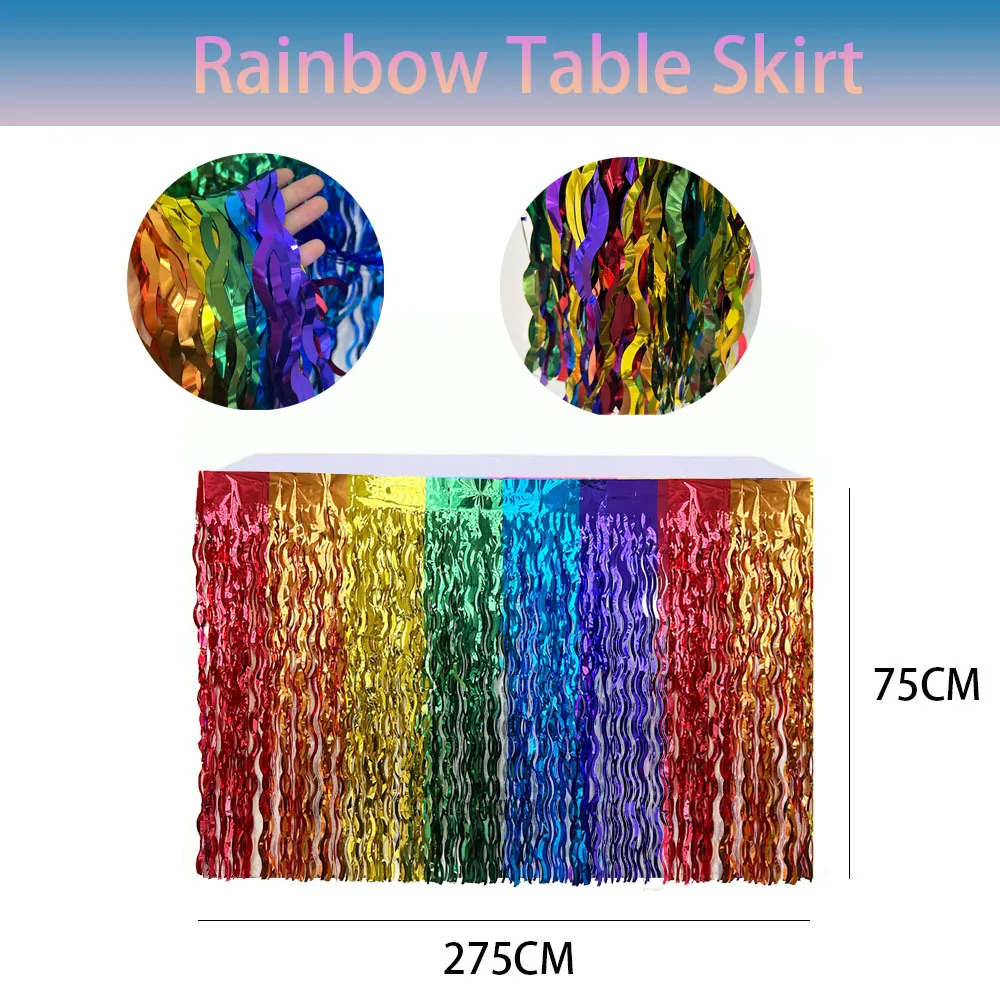 Wavy Metallic Tinsel Foil Fringe Table Skirts for Rainbow Party Decorations 1st 2 3 4 5 Year Old Birthday Holiday Party Decor