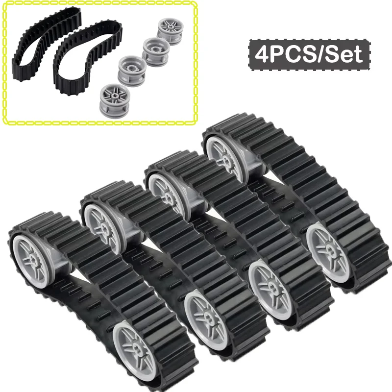

4PCS Tracks + Wheels Set Technology Building Blocks Accessories Assembled Tank Chain Crawler Bricks Toys Parts For Crawler Tanks