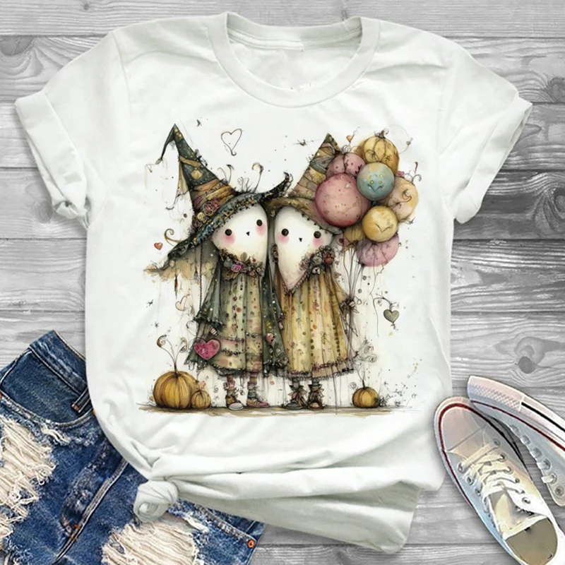 هالوين شبح معالج قبعة بالون نمط مطبوعة تي شيرت الكرتون المرأة الحلو مطبوعة نمط لطيف الأبيض جولة الرقبة أعلى تي شيرت