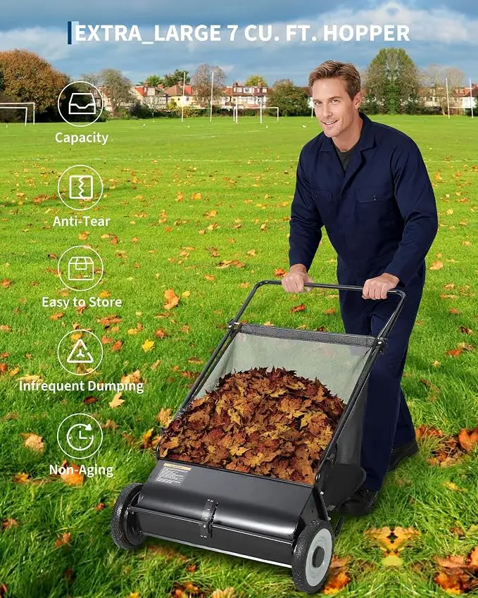 26-Inch Push Lawn Sweeper, Anti-Rust Steel Frame, 4 High-Density Brushes, Adjustable Height, 7 Cu.Ft Collection Bag for Yard Debris