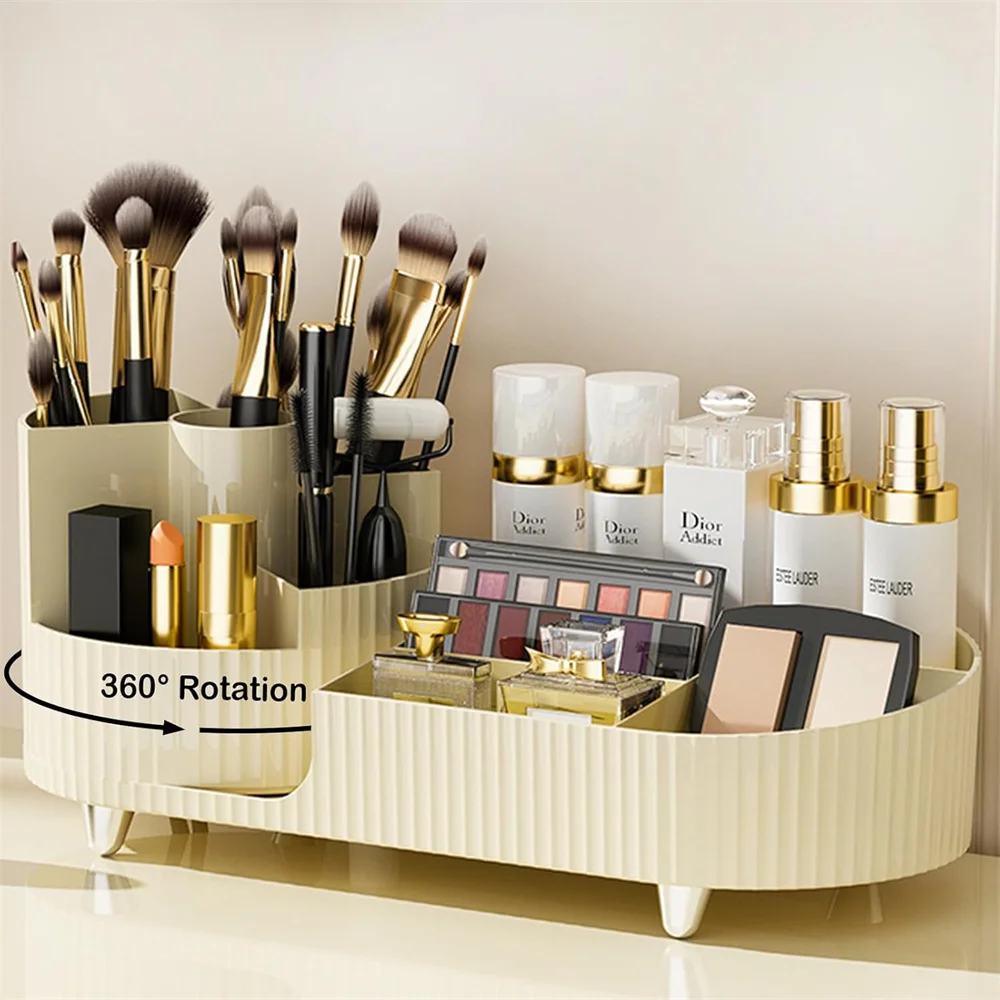360°  Rotating Makeup Organizer for Vanity with Brush Holder, Cosmetic Makeup Storage Organizer, Large Spinning Makeup Organizer