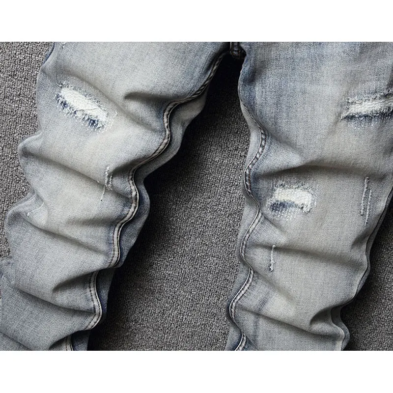 Street Fashion Men Jeans Retro Washed Blue Stretch Slim Fit Vintage Ripped Jeans Men Italian Style Designer Denim Pants Hombre