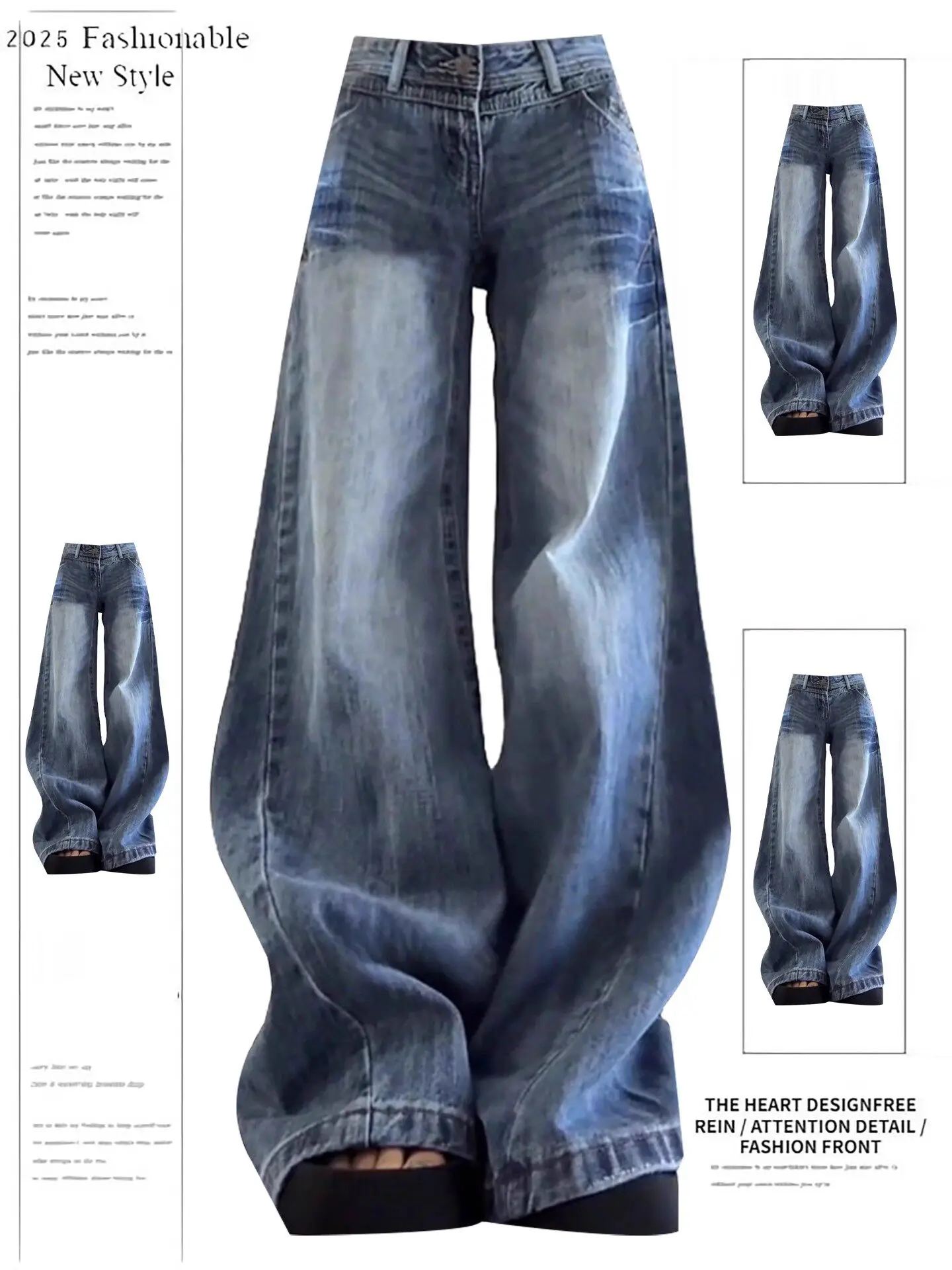 

Low Waist Distressed Denim Jeans Women's American Retro Design Spring 2026 Loose Wide Leg Pants Wear Resistant