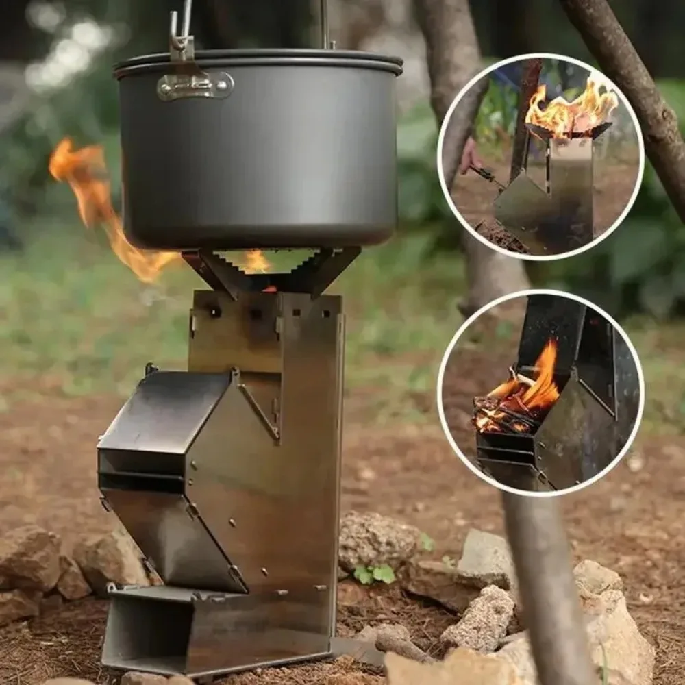 Foldable Stainless Steel Rocket Stove Detachable Durable Reliable Adjustable Air Intake for Different Ignition Projects Outdoor