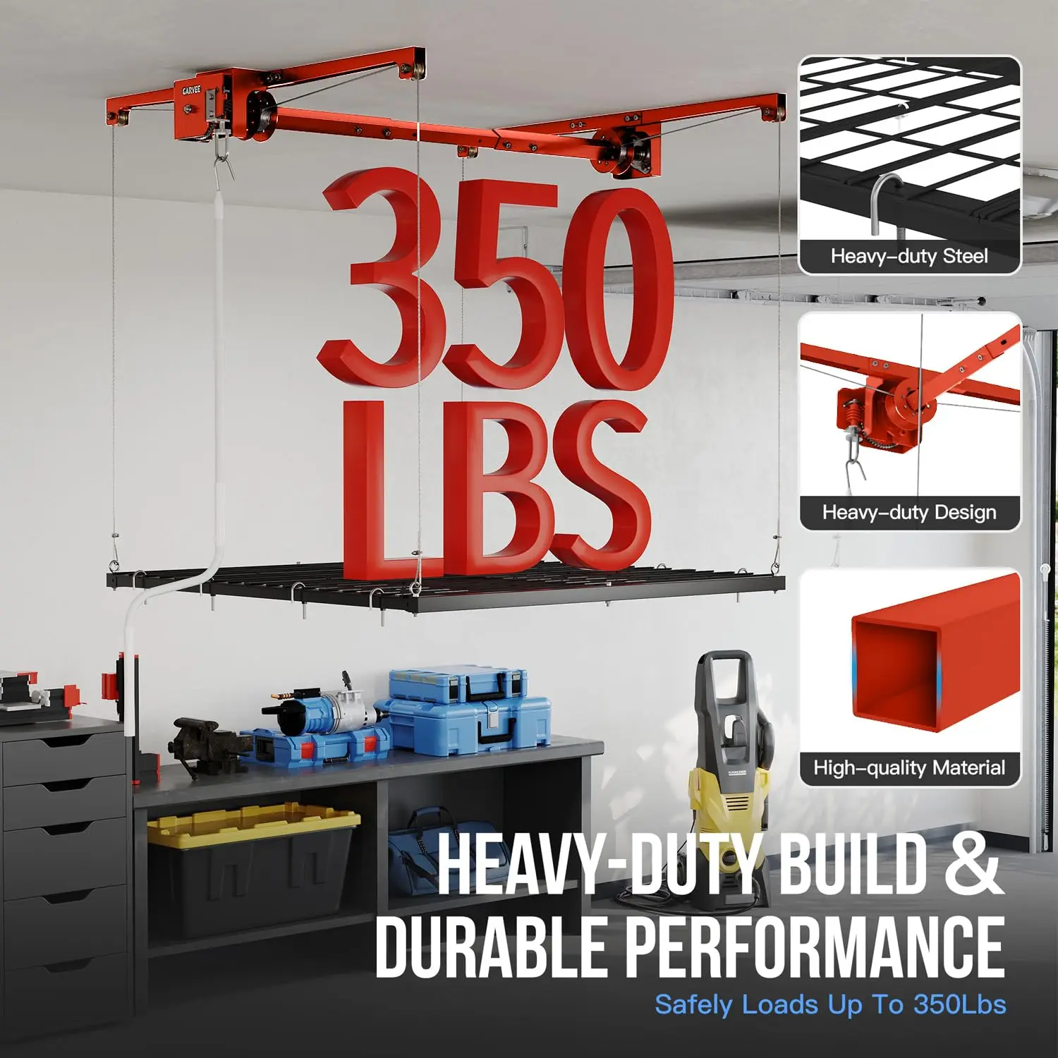 Heavy Duty Overhead Garage Storage Rack 4x8 FT – 800 lbs Capacity – Dual-Mode Lifting & Safety Lock – Matte Black