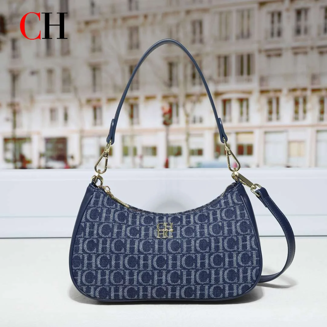 CH Vintage Denim Monogram Underarm Bag Women Fashion Small Hobo Handbag Detachable Shoulder Strap Daily Casual Crossbody Bag
