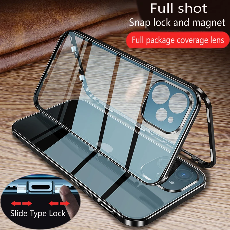 Metal Magnetic Double Sided Glass Snap Lock Case For iPhone 16 Pro Max 16 Plus Full Camera Lens Protection Cover Phone Case