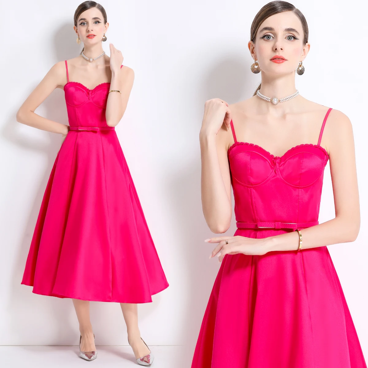 

Ele Long Fibone Strap Dr with Chest Pad Steel Ring And Waist Belt High Waist A-Line Skirt Polyester Fabric No Sve