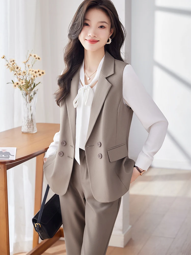 Black Coffee Beige Vest and Pant Suit Women Slim Sleeveless Blazer Trouser Two Pieces Set for Office Ladies Business Work Wear