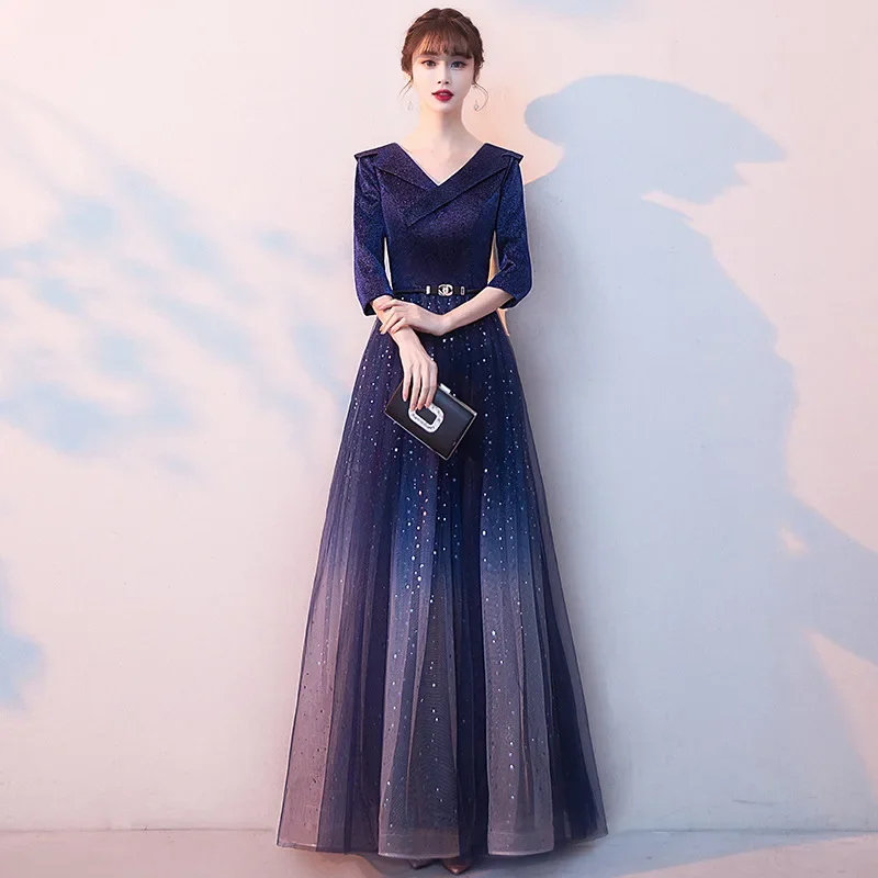 Evening Dress Navy Blue Satin Bling Tulle V-Neck 3/4 Sleeves Zipper Back A-Line Floor Length Women Party Formal Gown Plus size