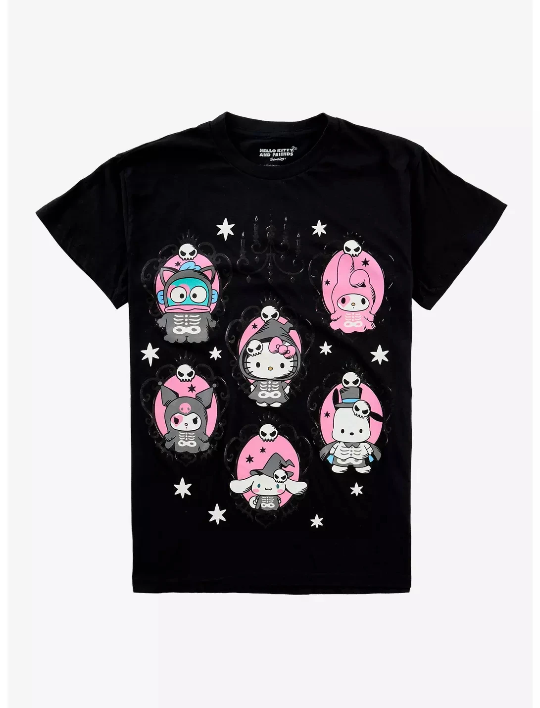 Gothic Halloween Sanrio Characters Skeleton T‑Shirt Unisex Spooky Cartoon Print Short Sleeve Casual Streetwear Tops