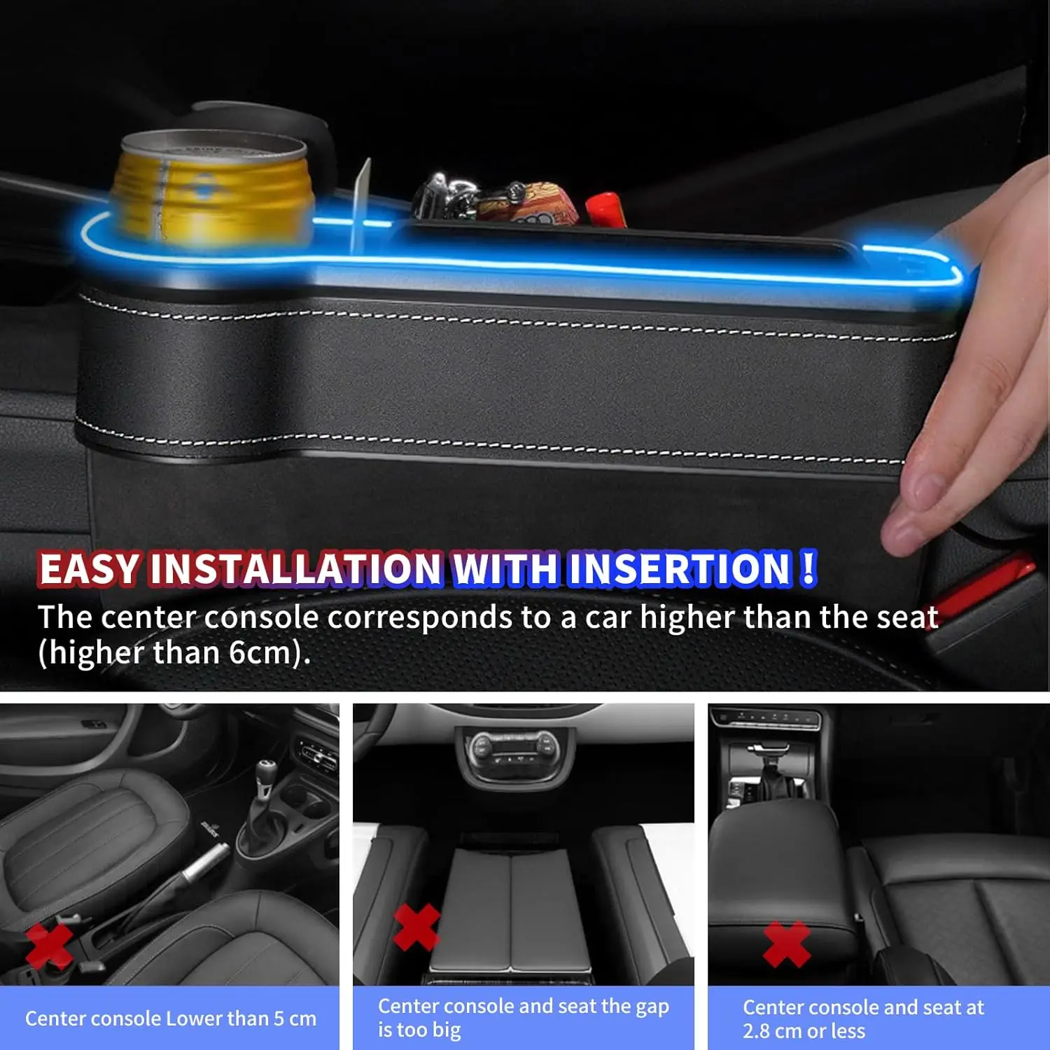 صندوق تخزين جانبي لوحدة التحكم في حشو مقعد السيارة LED المتغير اللون مع حامل أكواب وشواحن USB