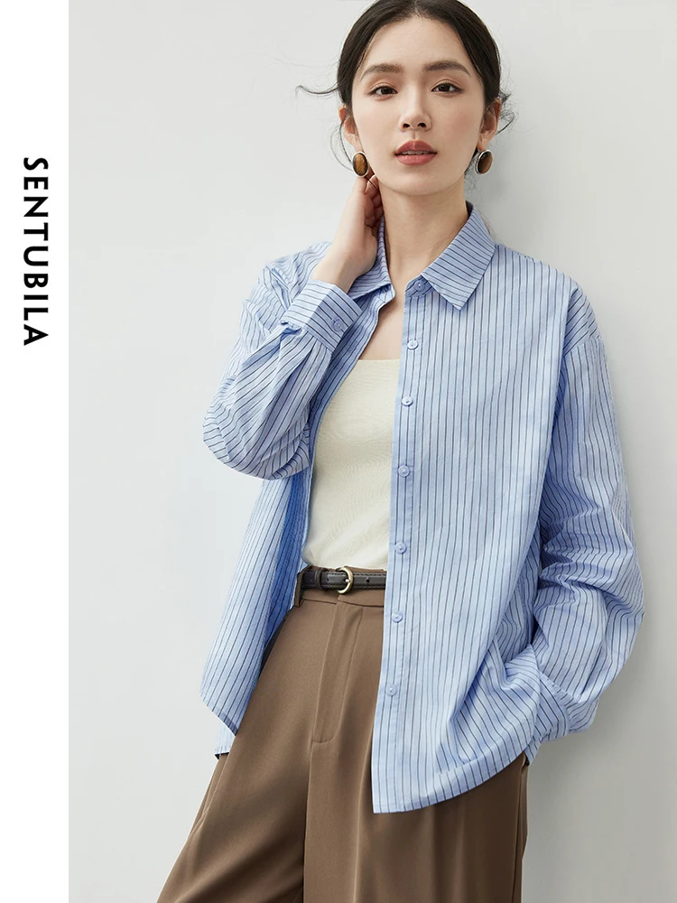 

SENTUBILA Striped 100% Cotton Shirt for Women 2024 Autumn Fashion Casual Loose Turn Down Collar Single-breasted Top 143C56763