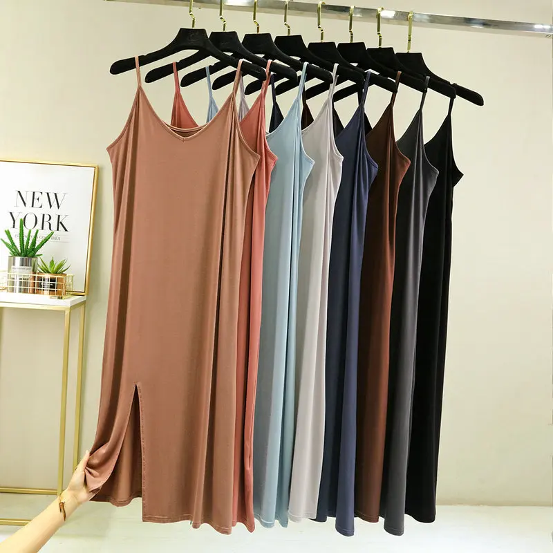 

Summer Women long dress spaghetti strap Modal Slim sundress Solid color high elastic Split halter dress