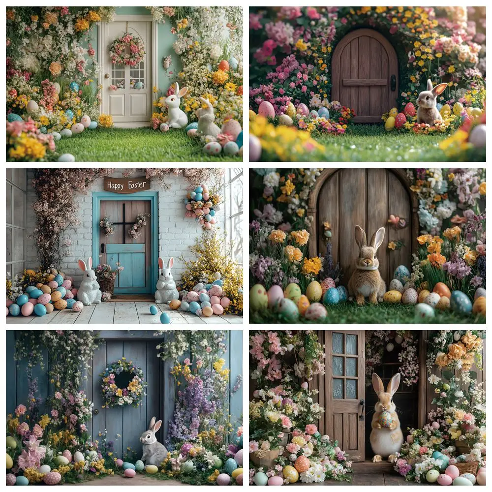 

Easter Backdrop Photography Rabbits Color Eggs Spring Flowers Garden Wood Door Baby Kid Easter Art Portrait Photocall Background