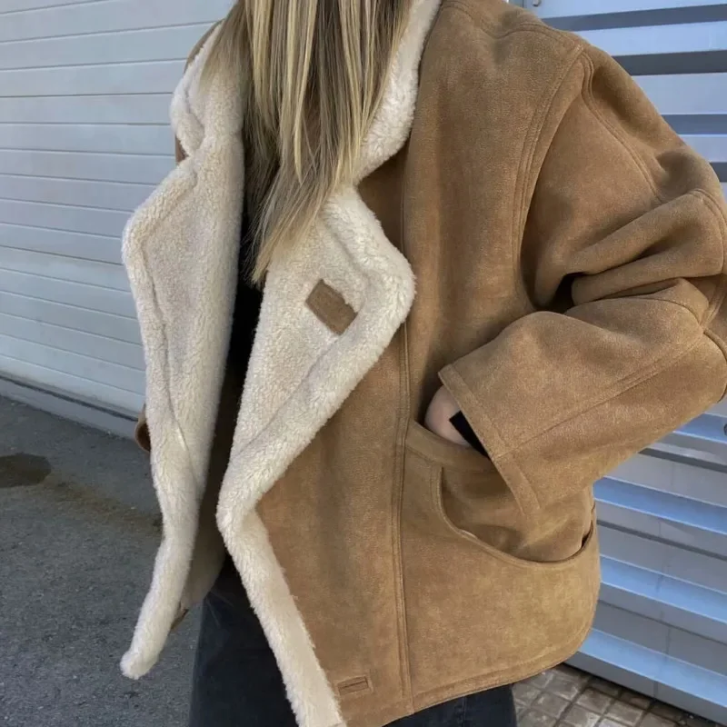 Casual Brown Thicken Lamb Wool Coat Women Chic Lapel Long Sleeve Button Suede Jacket 2024 Autumn Winter Lady Streetwear Coats