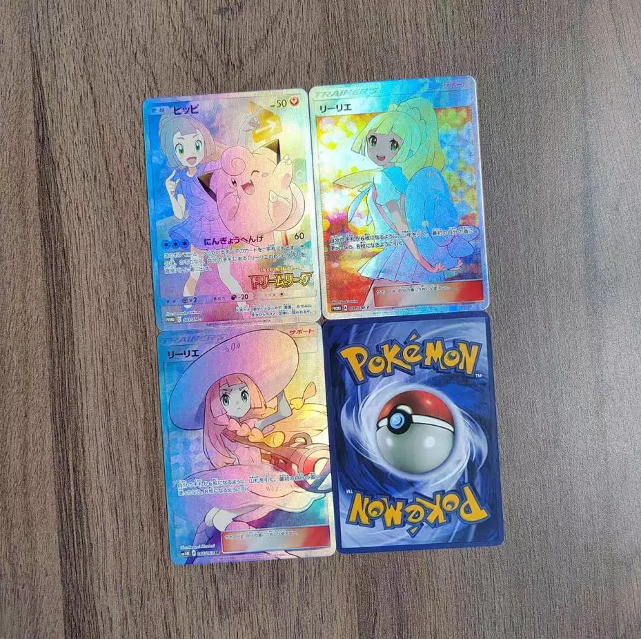 3Pcs/set DIY Pokemon PTCG Japanese Version Lillie and Jigglypuff Anime Figure Collection Holographic Color Flash Card Toy Gift