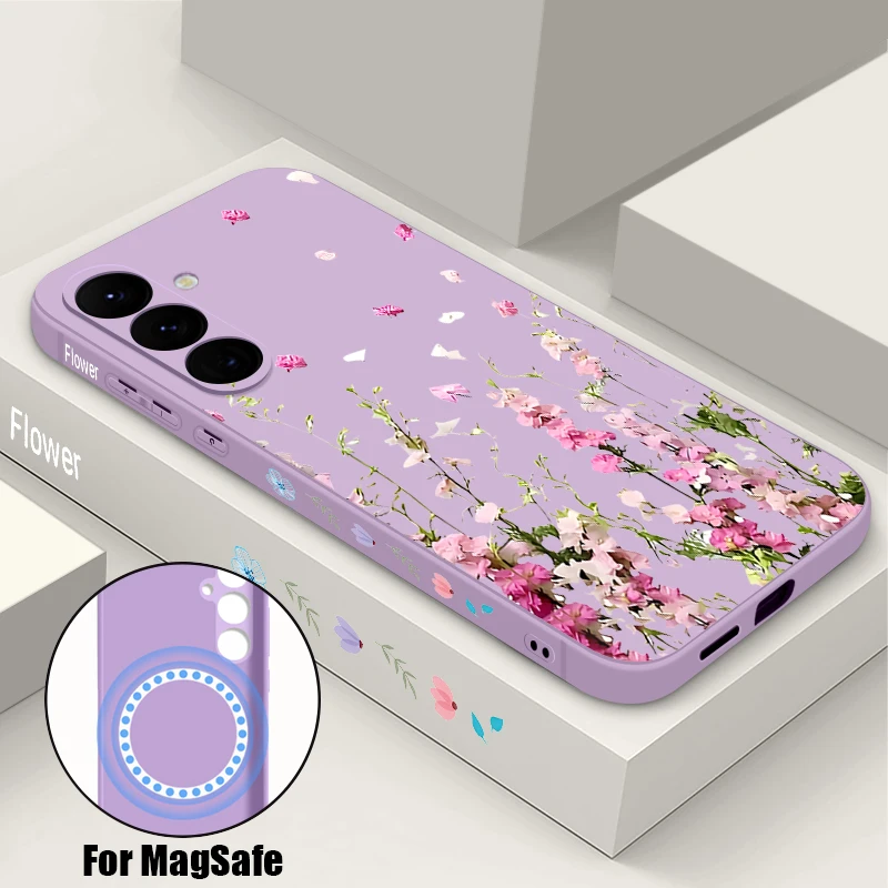 Flowers Printed Magnetic Phone Case For Samsung Galaxy S26 S25 S24 S22 Ultra S23 Plus S25 S24 S23 S21 FE Lanyard Soft TPU cover