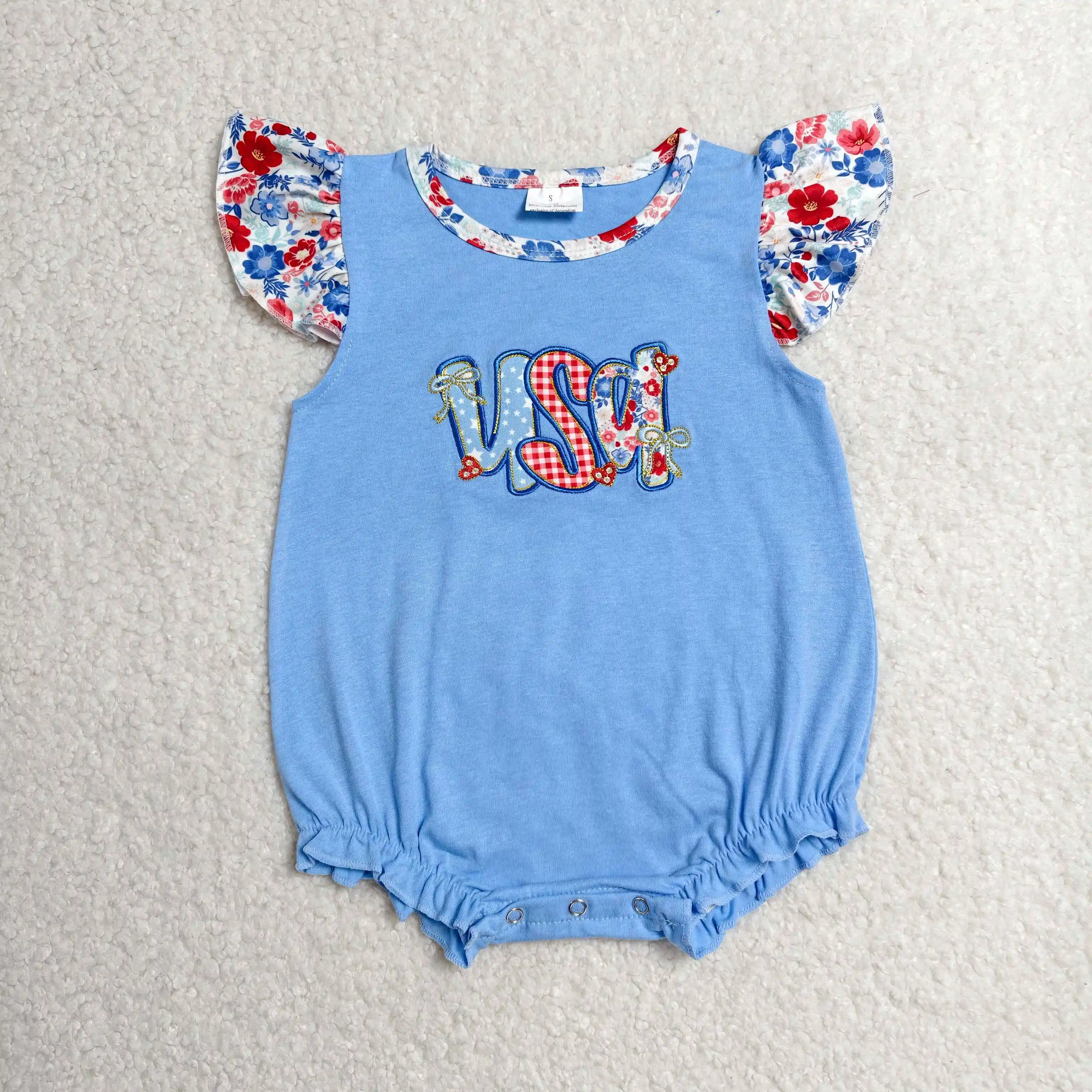 Wholesale Baby Girl Infant Overall Embroidery Flower Blue Romper Toddler Girls July 4th Newborn Children Ruffle Clothes