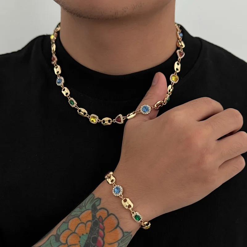 Gold Tone Mens Link Necklace Set Colorful Multigem Inlaid Chain Matching Bracelet Hip Hop Fashion Neck Wrist Jewelry