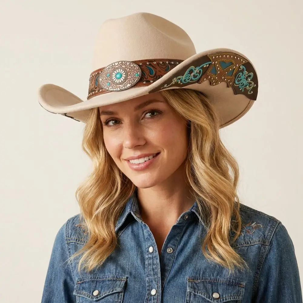 Retro Dress Up Western Cowboy Hat Turquoise Decor Bohemian Ethnic Style Fedora Hat Jazz Embossed Costume Cosplay Cap Travel