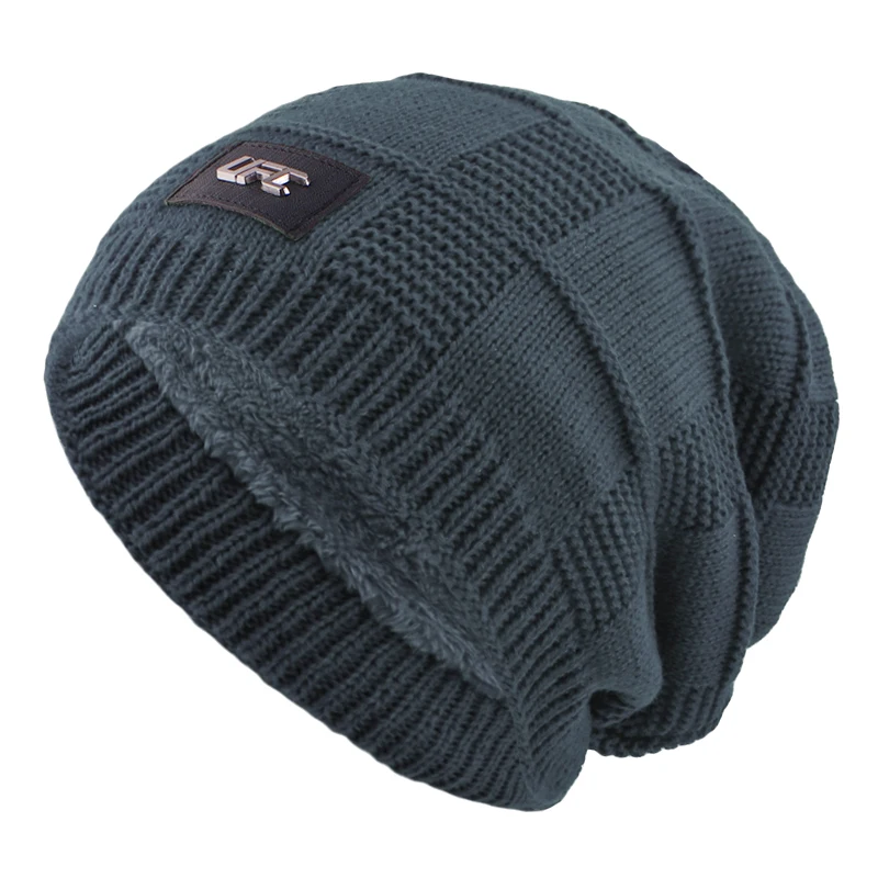 New Winter Warm Hat Men\'s Outdoor Wool Knitted Cap Plus Fleece Beanie Label Casual Knitted Hat Outdoor Windproof Warm Skull Cap