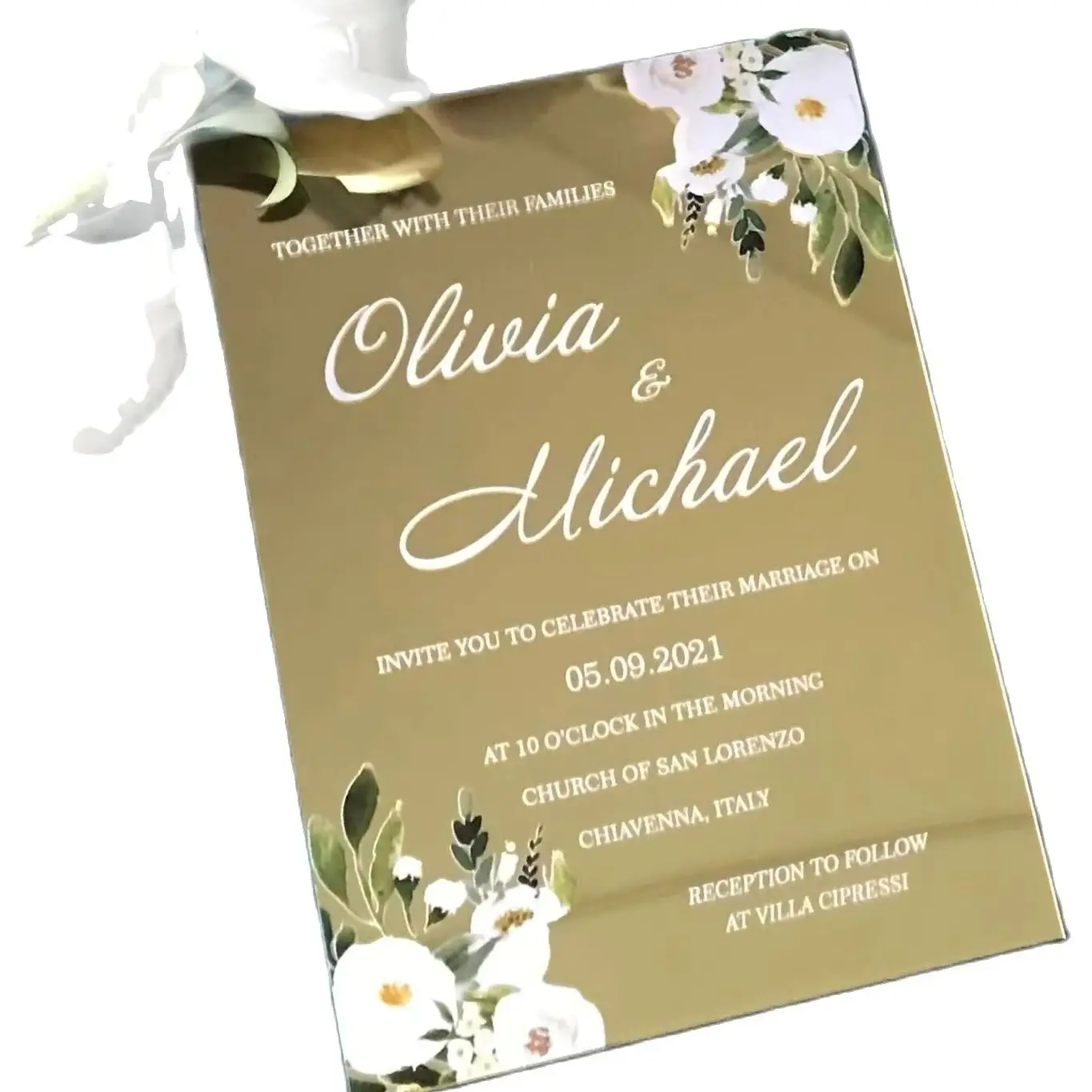 

10pcs Custon White Floral Acrylic Wedding Invitation,Make Your Special Mirror Acrylic Invitation