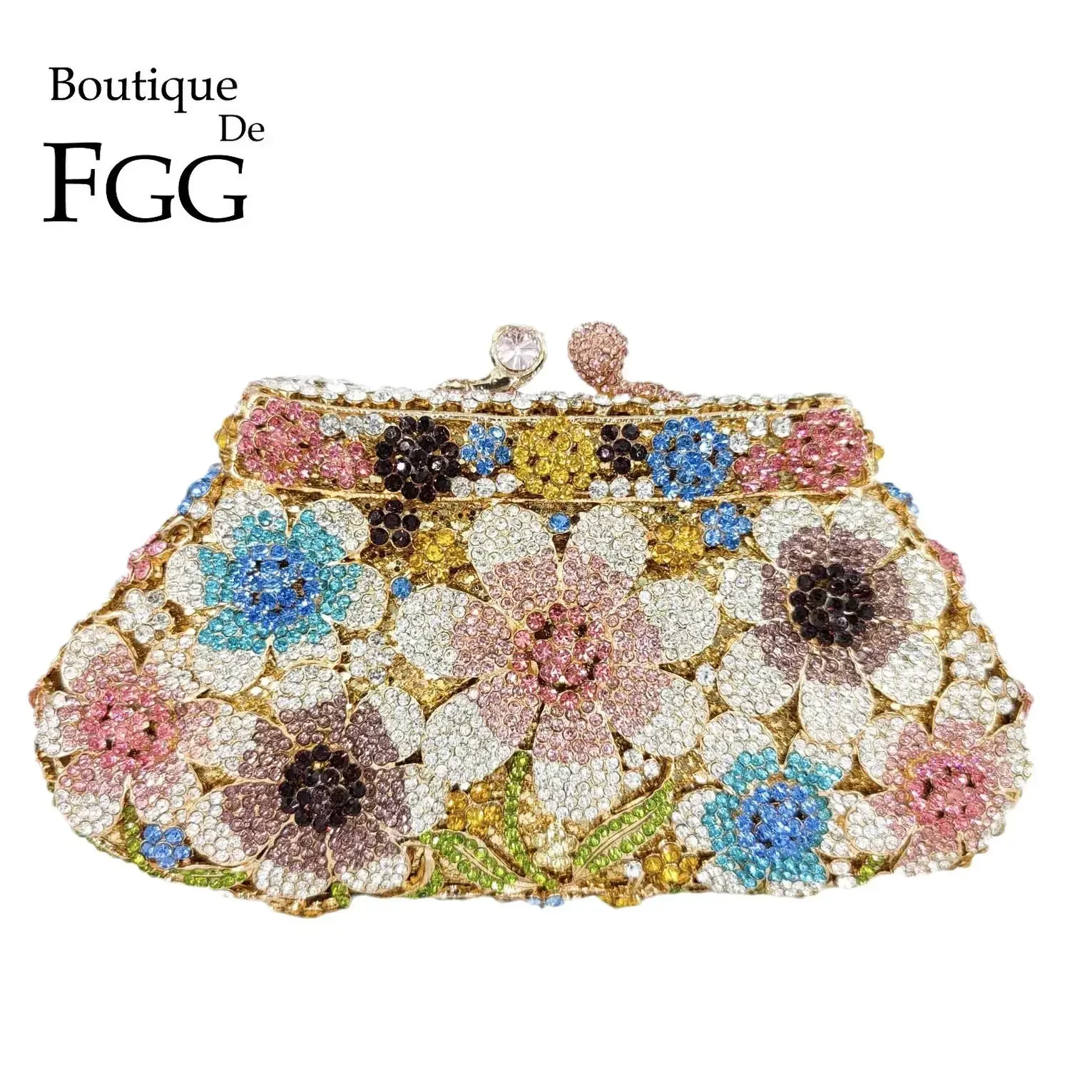 

Boutique De FGG Elegant Flower Women Evening Bags Crystal Diamond Metal Clutches Wedding Party Minaudiere Purses and Handbags