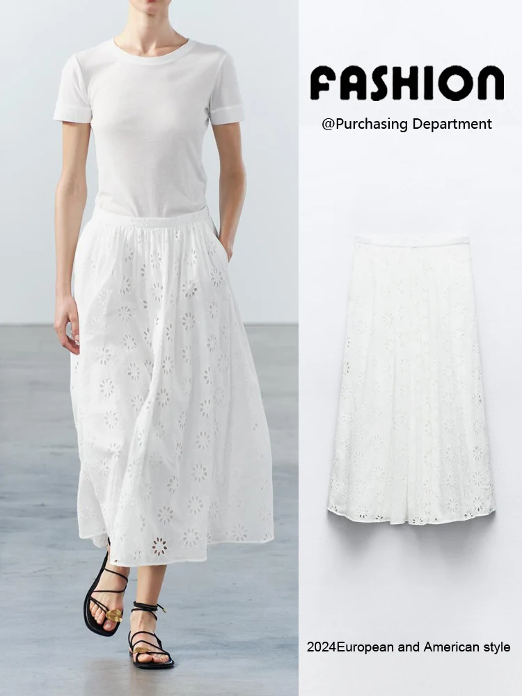 

Новая летняя модная юбка миди 2024 года с эластичным поясом, вышивкой и ажурным дизайном, женская, премиум-качество, для повседневной носки