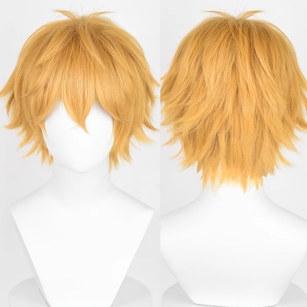 Syntetyczne krótkie proste blond żółte mężczyźni peruka z grzywką puszyste Cosplay peruka Anime na codzienną imprezę
