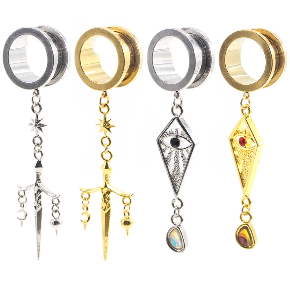 1PC Stainless Steel Rhombus Sword Water Drop Opal Pendant Thread Ear Gauges Tunnel Plug Expander Stretcher Piercing Body Jewelry
