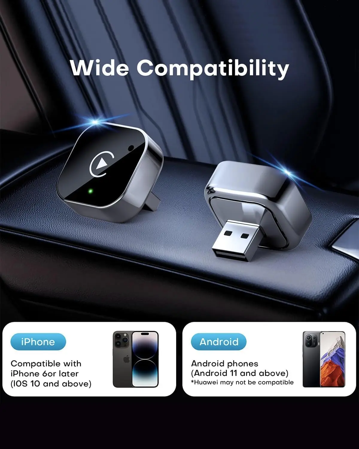 Basta cavi in auto! ⚡ , Con l’adattatore wireless per Apple CarPlay e Android Auto, il tuo smartphone si collega da solo ogni volta che sali in macchina., Niente più fili, solo praticità e le tue app Basta cavi in auto! ⚡ , Con l’adattatore wireless per Apple CarPlay e Android Auto, il tuo smartphone si collega da solo ogni volta che sali in macchina., Niente più fili, solo praticità e le tue app