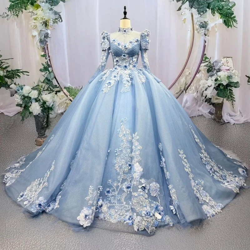 

Синие блестящие платья Quinceanera с открытыми плечами, аппликация, цветок, бисер, кристалл, тюль, длинные рукава, вечерние, день рождения, сладкие 16 платьев