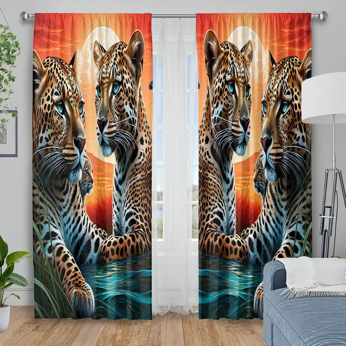 Leopard Curtain, 3D Wild Animal Print Drape, Sunset Jungle Cat Window Treatment for Living Room Bedroom Home Decor
